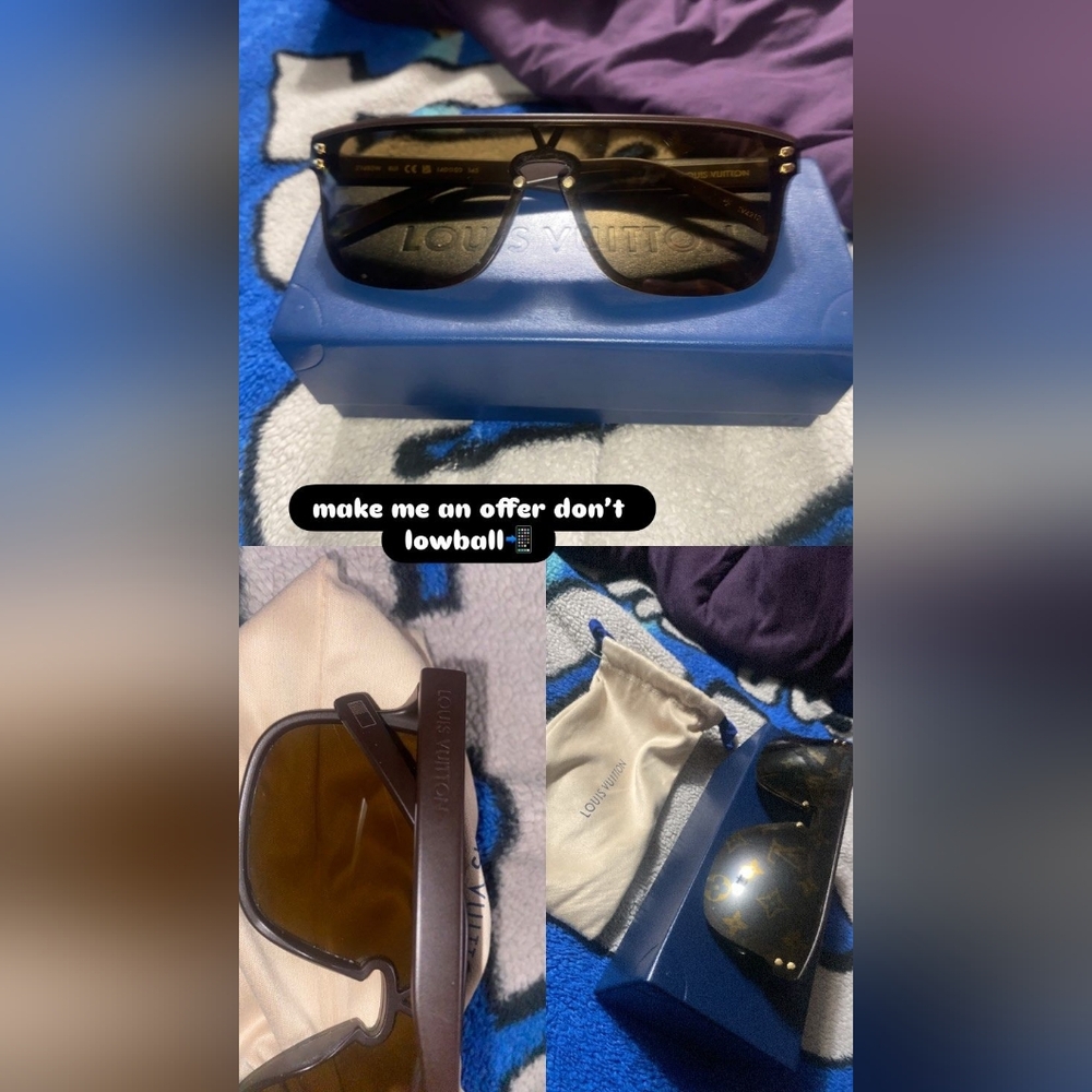 Unisex Louis Vuitton Dark Brown Sunglasses with Blue Case and Cream Pouch